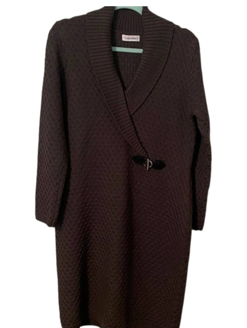 Calvin Klein Charcoal Gray Faux Wrap Sweater Dress Diamond Weave Knit Size L/XL - Picture 8 of 12